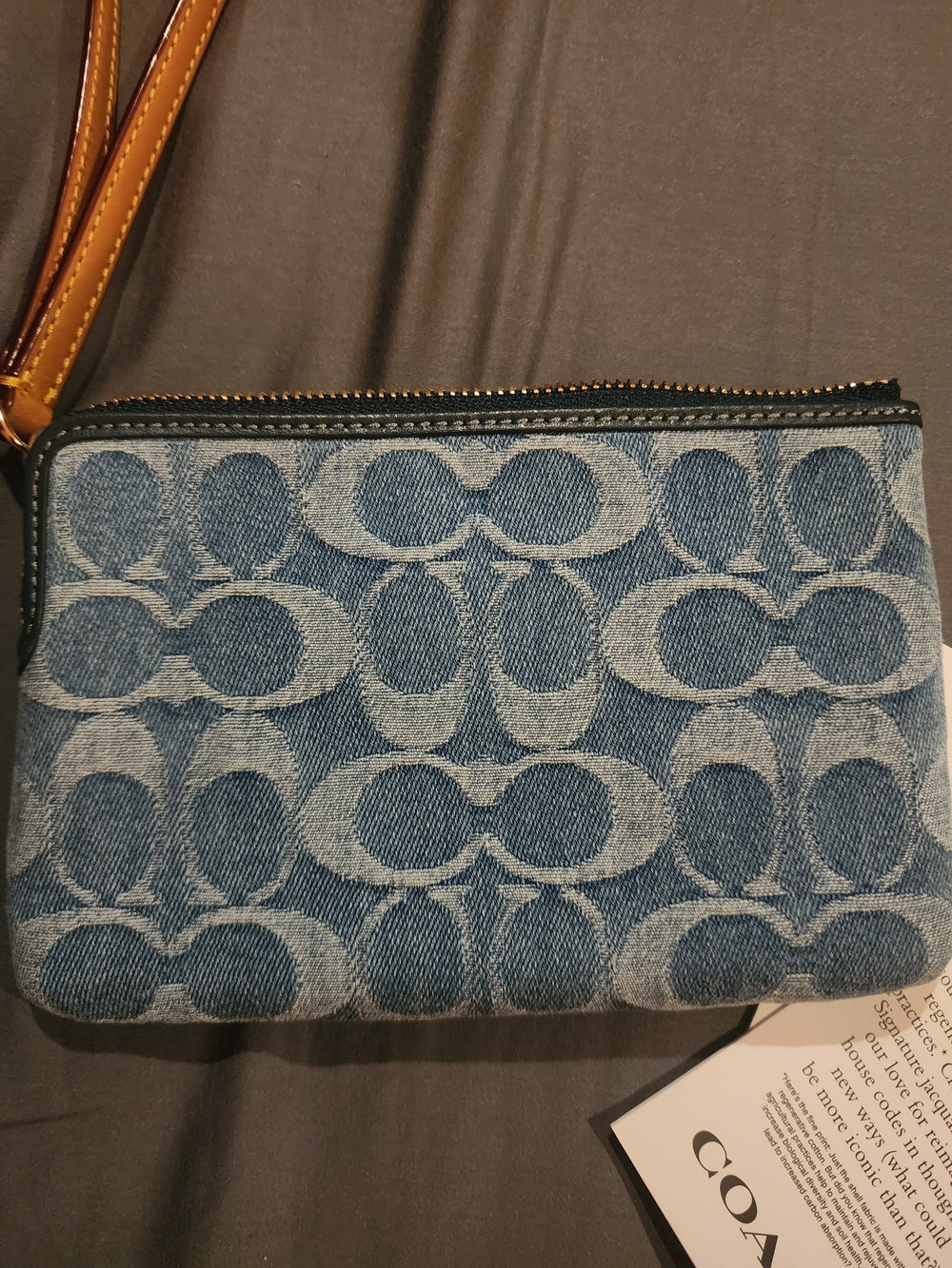 COACH Blue Signature Denim Wristlet with Tan Strap - Picture 3 of 5